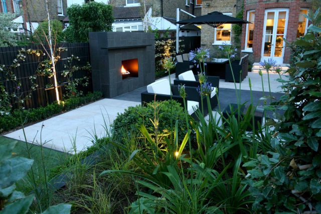 Family garden Barnes receives Highly Commended at Garden Design award with Declan Buckley in London, multi-functional outdoor environment cooking, dining, play.