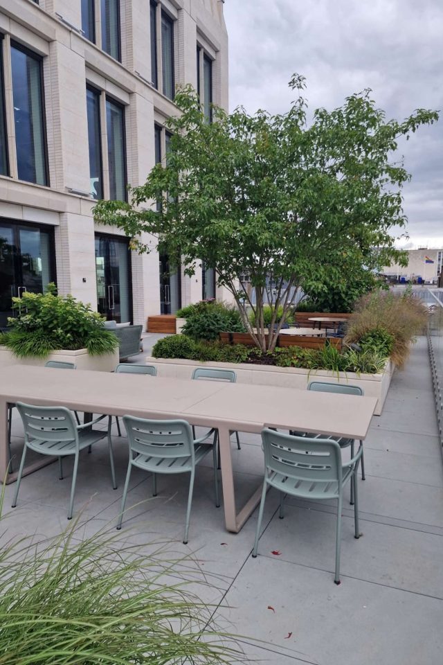 A raised stone planter alongside metal dining chairs in modern London.