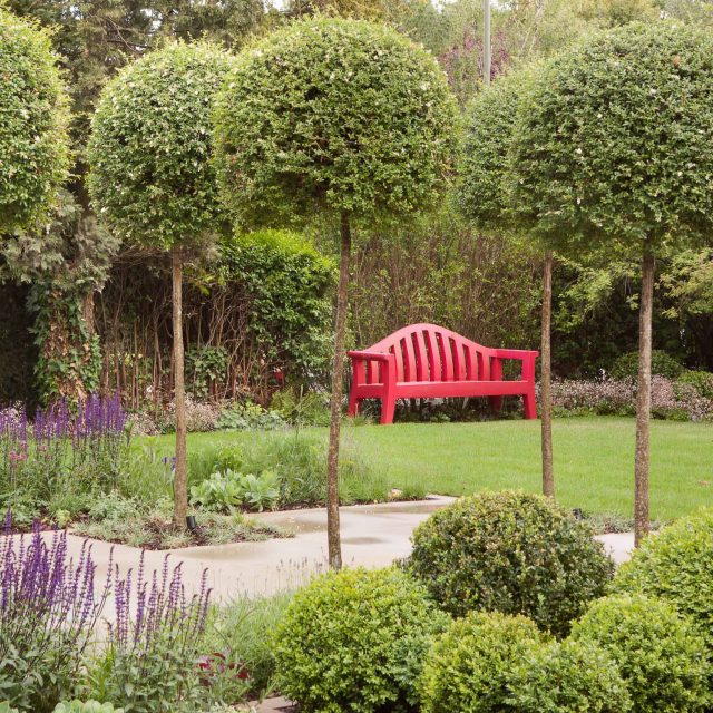 Stunning Suburban Garden constructed in Hampstead by Lynne Marcus also with Hunza exterior lighting illuminates asymmetrical landscape design, stone terrace.