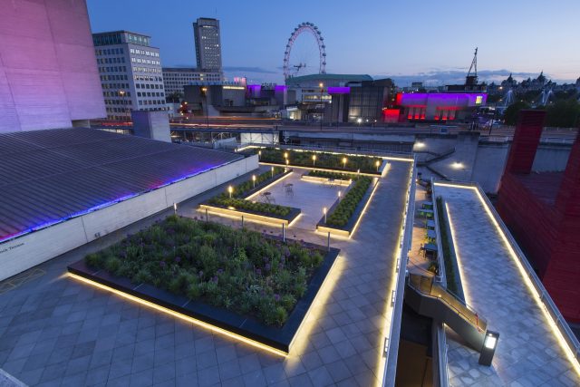 A rooftop terrace featuring LED planters and alliums on the modern South Bank.