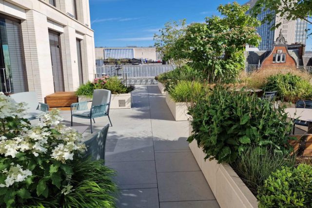 A rooftop terrace with stone planters and hydrangeas in modern London.