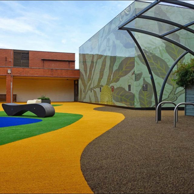 School playground garden design for primary school courtyard development in London, learning and teaching environment landscaping commercial contractors London.
