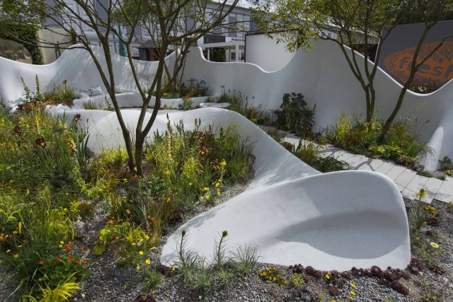 Garden Landscape Design, Pure Foundation Garden, inspired by the dramatic topography Chinese landscape design, creeping varieties, seating, bench, table, grass.