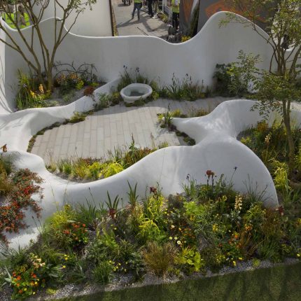 Garden Landscape Design, Pure Foundation Garden, inspired by the dramatic topography Chinese landscape design, creeping varieties, seating, bench, table, grass.