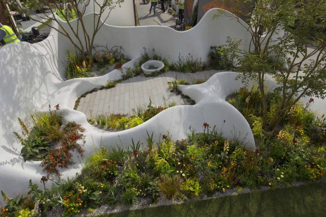 Garden Landscape Design, Pure Foundation Garden, inspired by the dramatic topography Chinese landscape design, creeping varieties, seating, bench, table, grass.