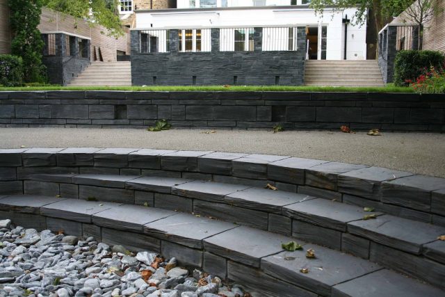 Stylish Formal Garden with terrace receives Highly Commended by Phil Frank in St John's Wood London slatted trellis panels gravel resin paths, children's play.