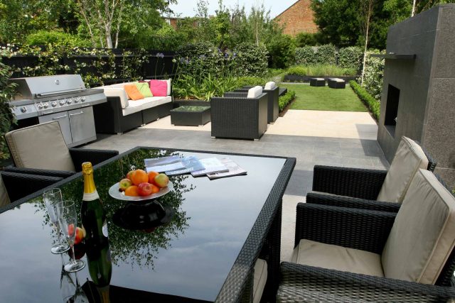 Family garden Barnes receives Highly Commended at Garden Design award with Declan Buckley in London, multi-functional outdoor environment cooking, dining, play.