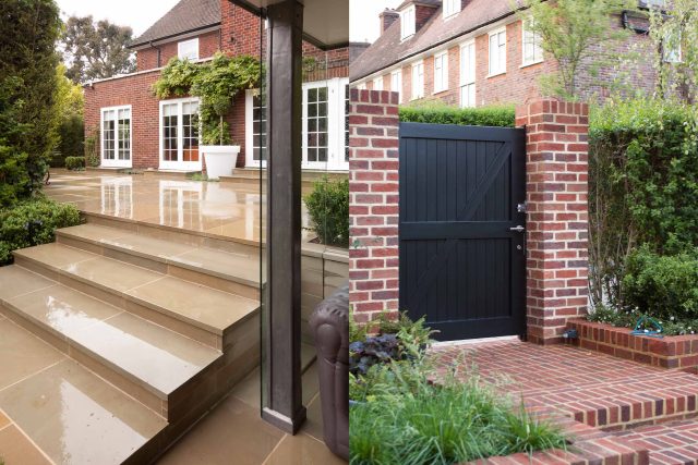 Stunning Suburban Garden constructed in Hampstead by Lynne Marcus also with Hunza exterior lighting illuminates asymmetrical landscape design, stone terrace.