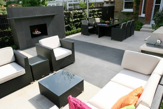 Family garden Barnes receives Highly Commended at Garden Design award with Declan Buckley in London, multi-functional outdoor environment cooking, dining, play.