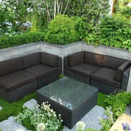 Award Winning RHS Silver Gilt Medal by Kate Gould, The Garden Builders RHS Chelsea Flower Show 2010, outdoor room, bio-gel fireplace, concrete chimney.