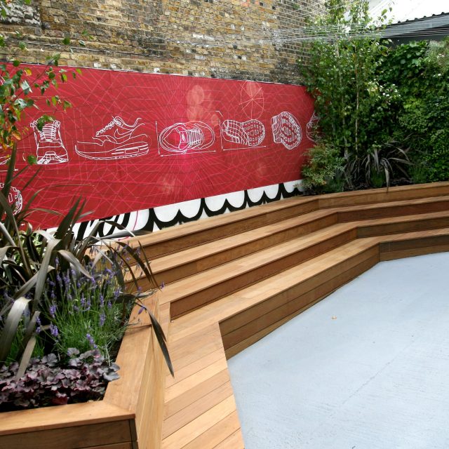 Nike Stadium Style Garden by Helios Designs community orientated' pop up shop garden space in Shoreditch, London, commercial garden designers and landscapers.