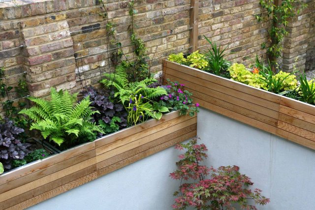 Gravel small town garden Chelsea with a beautiful water feature, acer planters landscaper designers with horizontal timber cladding by Edlis Design Associates.