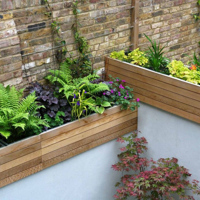 Gravel small town garden Chelsea with a beautiful water feature, acer planters landscaper designers with horizontal timber cladding by Edlis Design Associates.