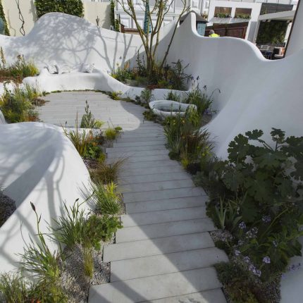 Garden Landscape Design, Pure Foundation Garden, inspired by the dramatic topography Chinese landscape design, creeping varieties, seating, bench, table, grass.