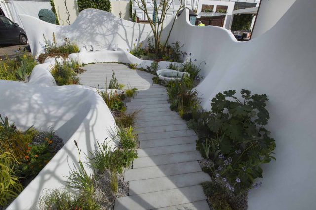 Garden Landscape Design, Pure Foundation Garden, inspired by the dramatic topography Chinese landscape design, creeping varieties, seating, bench, table, grass.