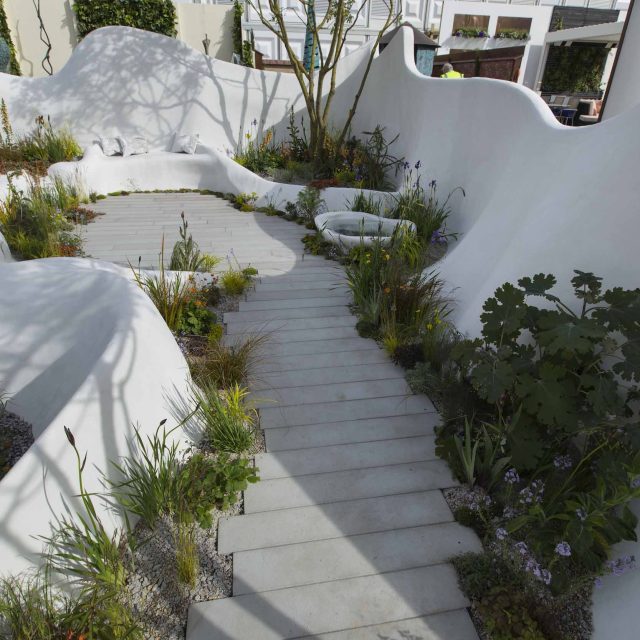 Garden Landscape Design, Pure Foundation Garden, inspired by the dramatic topography Chinese landscape design, creeping varieties, seating, bench, table, grass.