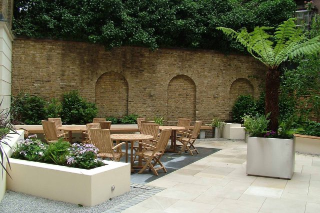 Courtyard style Garden for Private BankStride Stride Treglown Architects and constructed by Garden Builders commercial landscape designers specialists London.