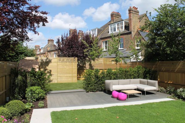 A modern garden showcases composite decking, a slatted timber fence, and boxwood plants.