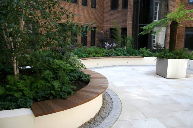Courtyard style Garden for Private BankStride Stride Treglown Architects and constructed by Garden Builders commercial landscape designers specialists London.