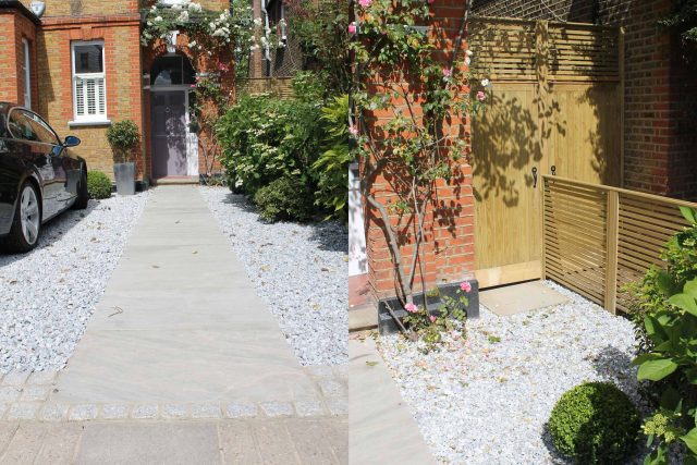 A flagstone path winds through a gravel garden featuring a slatted timber screen and boxwood.