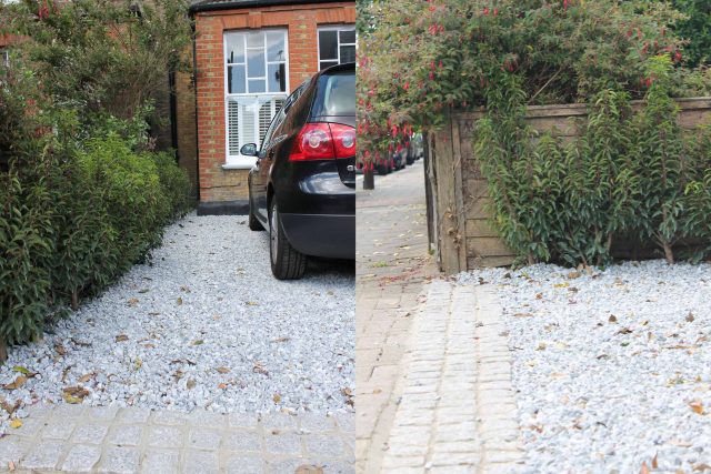 A granite cobble threshold transitions into a gravel driveway bordered by a neat hedge.