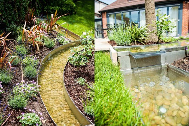 Large suburban garden desigened with York stone dining terrace and timber gazebo in north London, land drainage, lawn, dining terrace, heaters, planting.