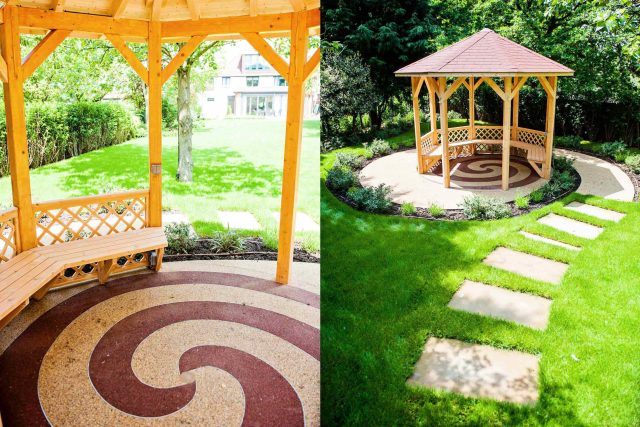 Large suburban garden desigened with York stone dining terrace and timber gazebo in north London, land drainage, lawn, dining terrace, heaters, planting.