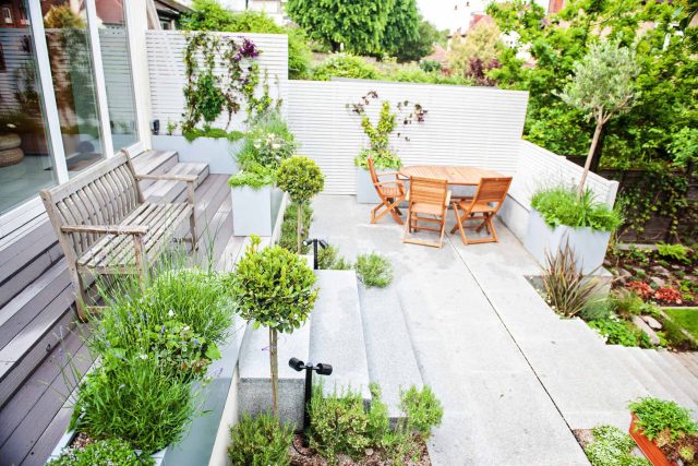Landscaped multi-levelled contemporary garden designed with basalt paving, bespoke steel planters in Muswell Hill London landscaping contractor designers.