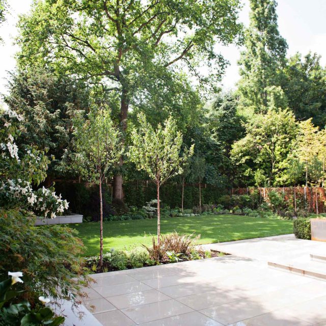 Large garden using Portland stone and steel planters in Hampstead by designer Lynne Marcus, excavation construction hard landscaping specialist in London.
