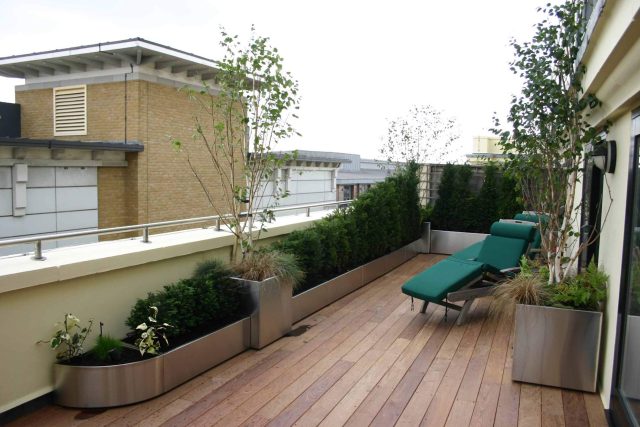 Tower Bridge roof garden terrace design view over the Thames and Bridge in London, huge stainless steel water, robust planting, curved Yew hedge LED lighting.