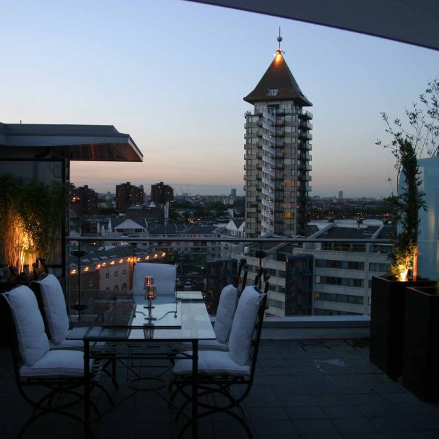 Multi levelled roof garden terrace design long narrow shape by Garden Builders at Imperial Wharf landscaping consultant contractors specialising roof gardens.