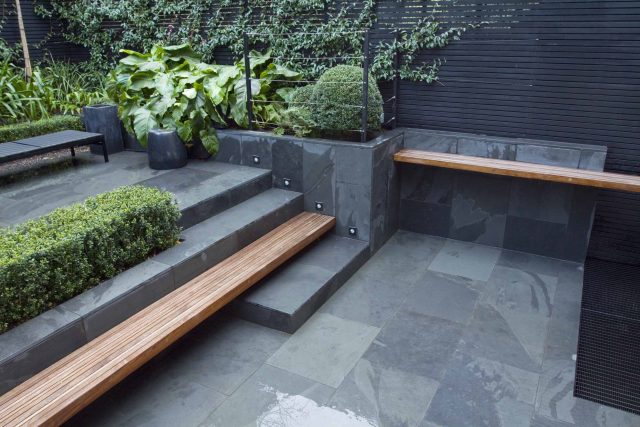 Uncomplicated Contemporary Design in Kensington London designed by award winning Declan Buckley, attractive design terrace entertaining relaxation zone planting.
