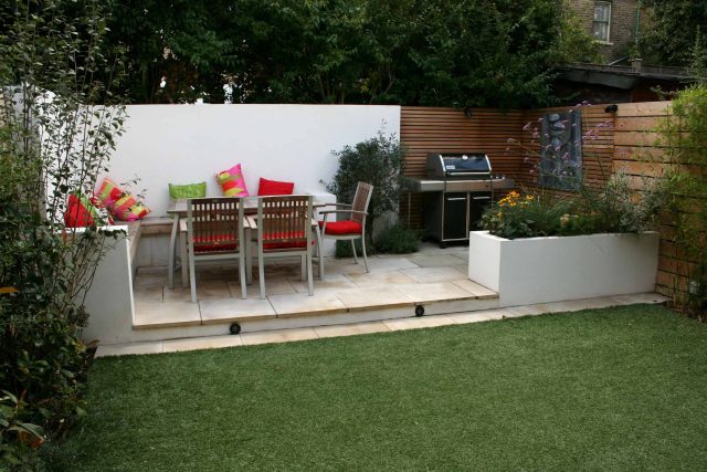 Outdoor garden entertainment space Battersea relaxation zone designed and constructed by The Garden Builders landscaping contractors, specialist designers.