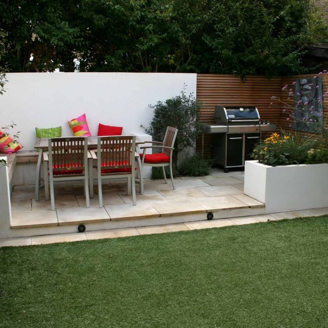 Outdoor garden entertainment space Battersea relaxation zone designed and constructed by The Garden Builders landscaping contractors, specialist designers.