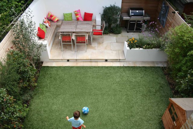 Outdoor garden entertainment space Battersea relaxation zone designed and constructed by The Garden Builders landscaping contractors, specialist designers.