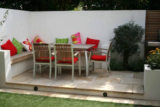 Outdoor garden entertainment space Battersea relaxation zone designed and constructed by The Garden Builders landscaping contractors, specialist designers.
