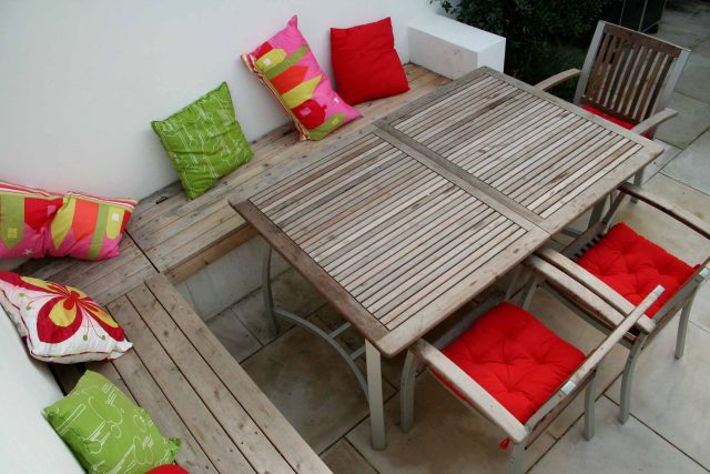 Outdoor garden entertainment space Battersea relaxation zone designed and constructed by The Garden Builders landscaping contractors, specialist designers.