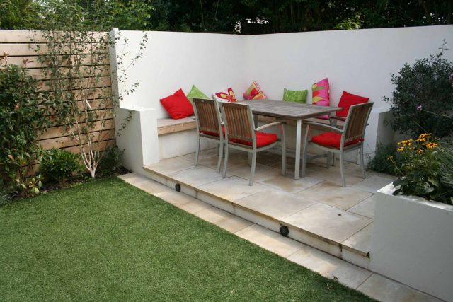 Outdoor garden entertainment space Battersea relaxation zone designed and constructed by The Garden Builders landscaping contractors, specialist designers.
