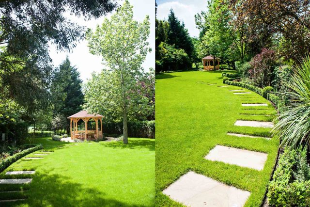 Large suburban garden desigened with York stone dining terrace and timber gazebo in north London, land drainage, lawn, dining terrace, heaters, planting.