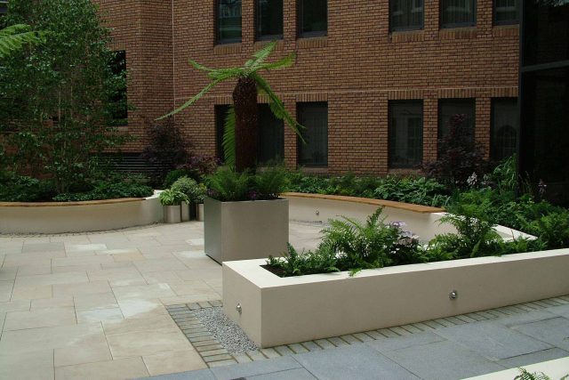 Courtyard style Garden for Private BankStride Stride Treglown Architects and constructed by Garden Builders commercial landscape designers specialists London.