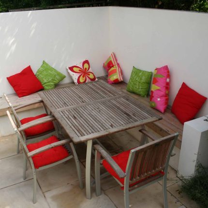 Outdoor garden entertainment space Battersea relaxation zone designed and constructed by The Garden Builders landscaping contractors, specialist designers.