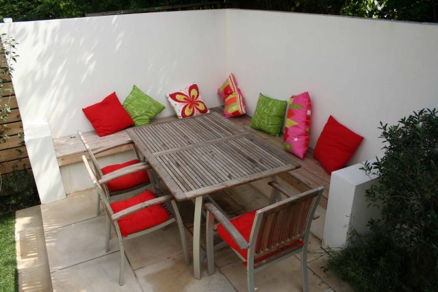 Outdoor garden entertainment space Battersea relaxation zone designed and constructed by The Garden Builders landscaping contractors, specialist designers.