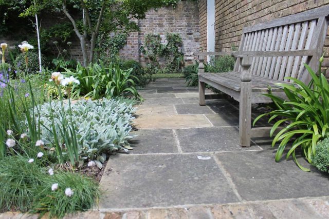 A wooden bench rests on Yorkstone paving near a brick wall, iris, and lavender.