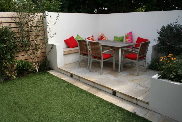 Outdoor garden entertainment space Battersea relaxation zone designed and constructed by The Garden Builders landscaping contractors, specialist designers.