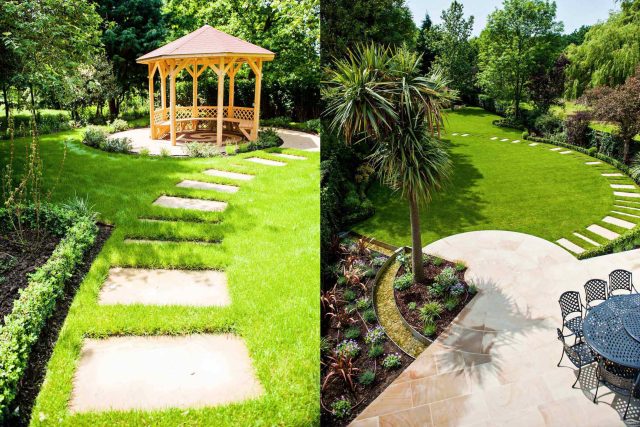 Large suburban garden desigened with York stone dining terrace and timber gazebo in north London, land drainage, lawn, dining terrace, heaters, planting.