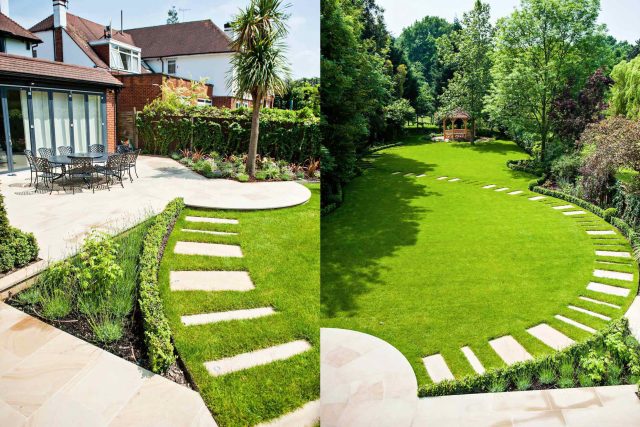 Large suburban garden desigened with York stone dining terrace and timber gazebo in north London, land drainage, lawn, dining terrace, heaters, planting.