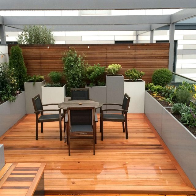 Kings Cross Roof Terrace at new apartments, Pippa Martlew, Cedar timber, aluminium planters, looks fantastic at night challenging build specialist company.