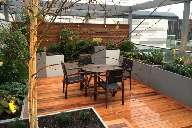 Kings Cross Roof Terrace at new apartments, Pippa Martlew, Cedar timber, aluminium planters, looks fantastic at night challenging build specialist company.