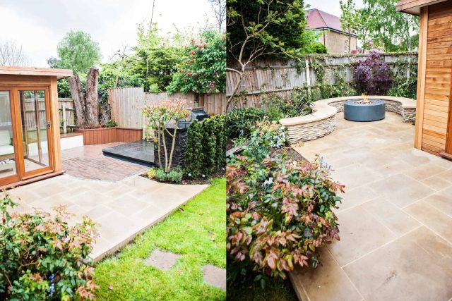Family Garden with summer house in West London Feltham, curved seating bench, Charcoal Norstone tiered walling, specialist garden contractors horticulturists.