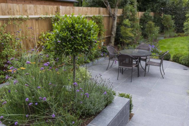 Family Garden, upper and lower stone terrance, wrapped with lawn, hidden trampoline Basalt terraces woodland planting Muswell Hill London design specialists.